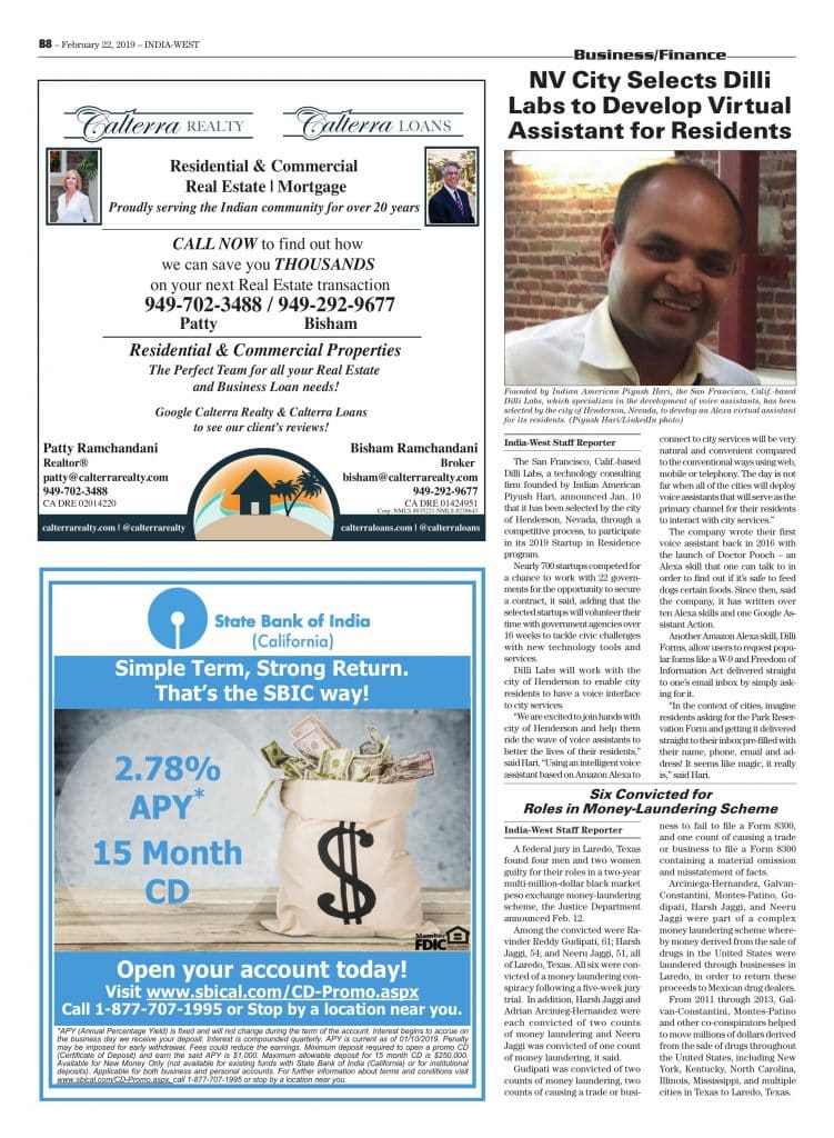 Dilli Labs featured in 'India West' Feb 2019 edition