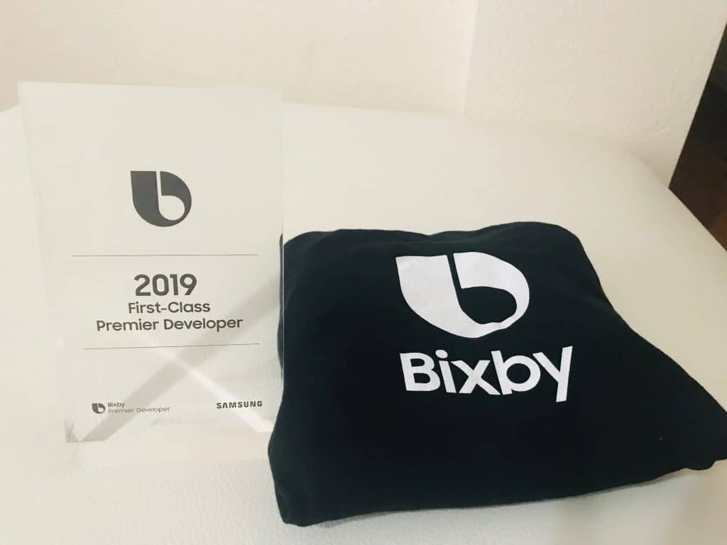 bixby premier developer partner plaque and a bixby t shirt swag