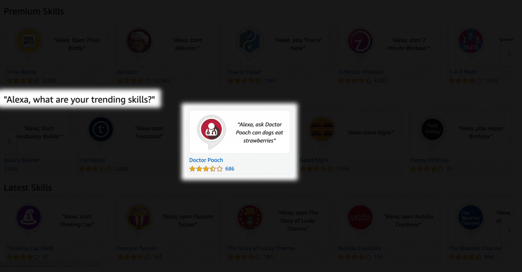 Amazon.com home page showing Doctor Pooch as a trending skill