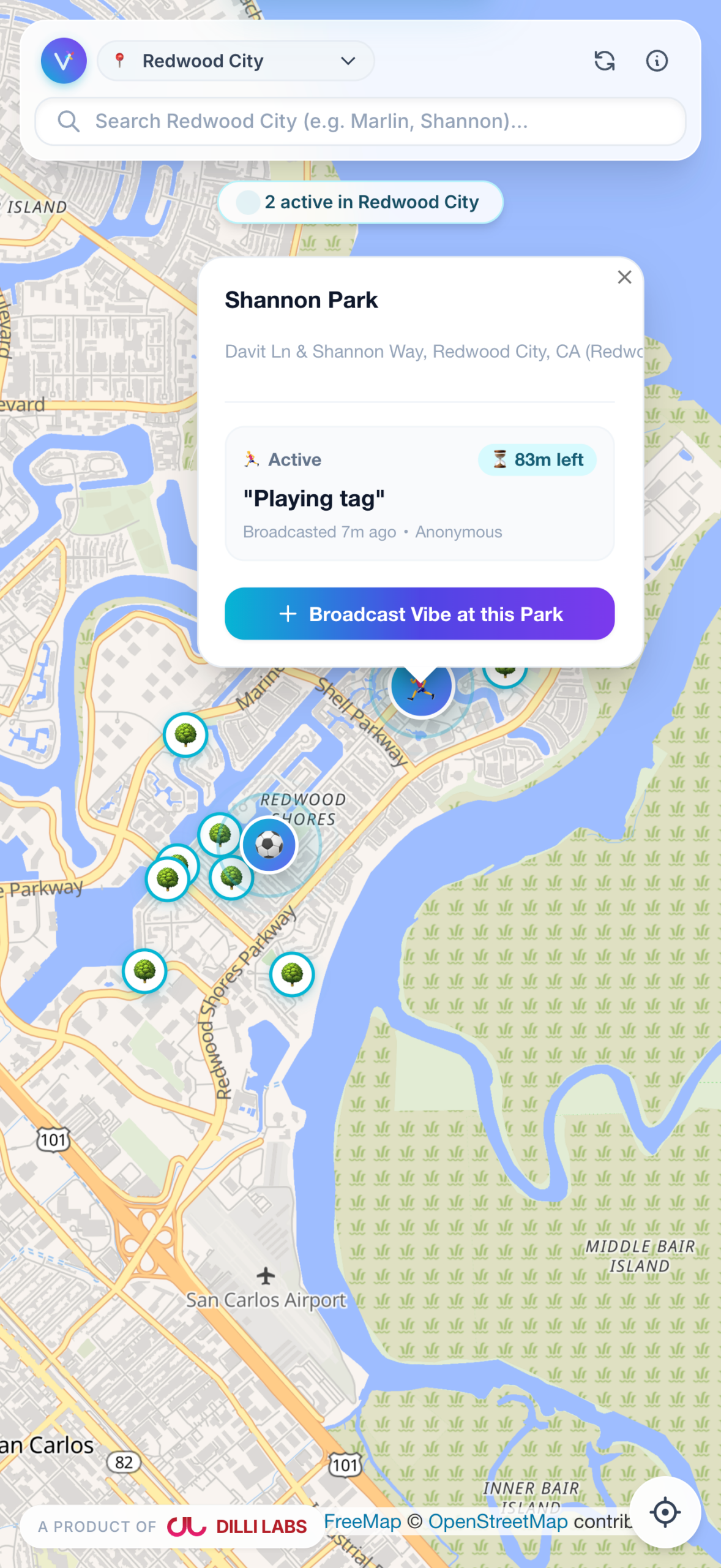 parkvibes.app Live Mobile Interface showing active playground beacons